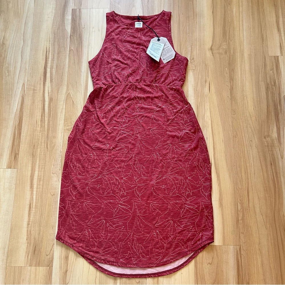 Prana Red Sleeveless Scoop-Back Tank Dress with Subtle Leaf Print